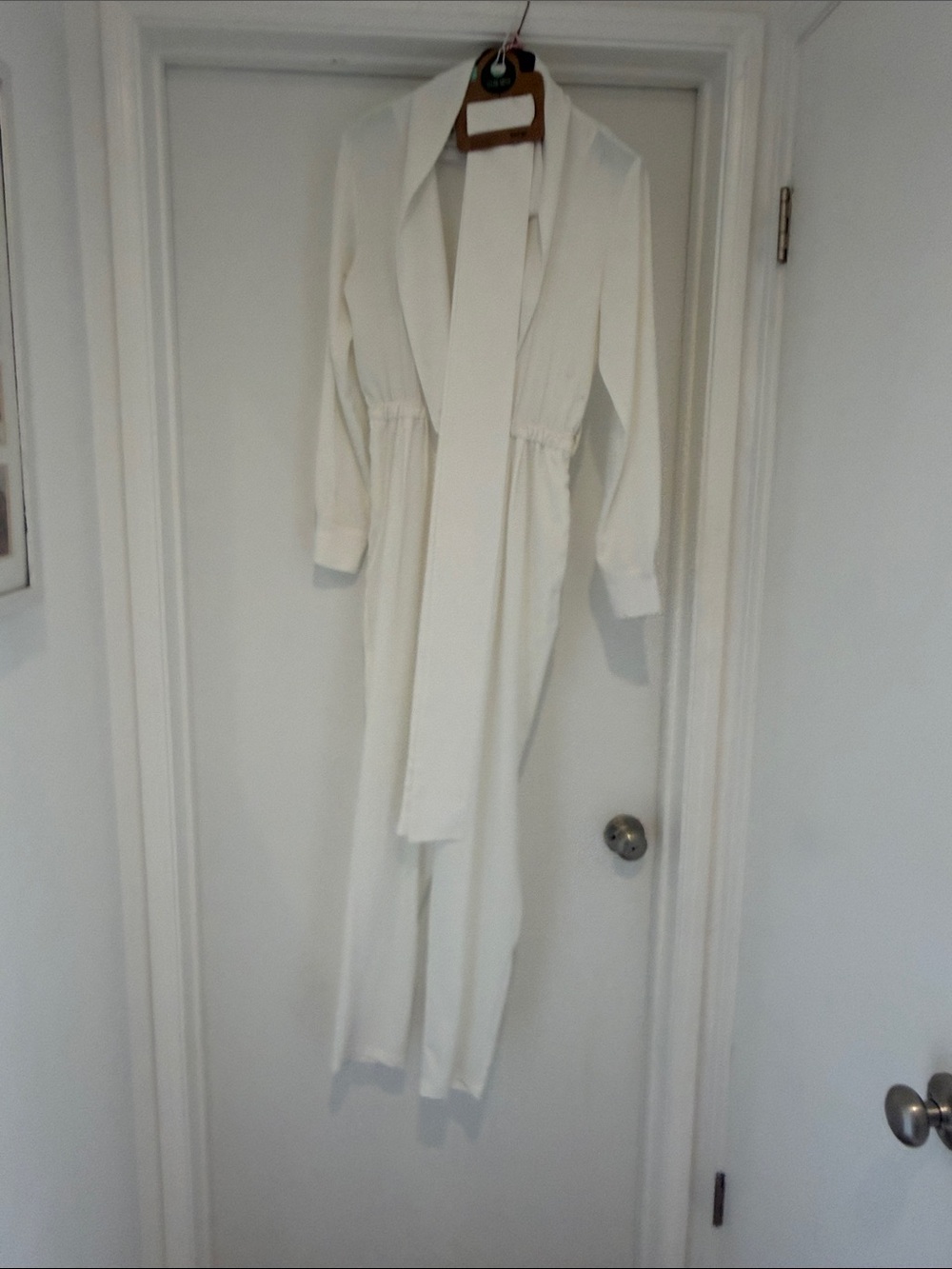 White Long Sleeve Tie-Neck Jumpsuit